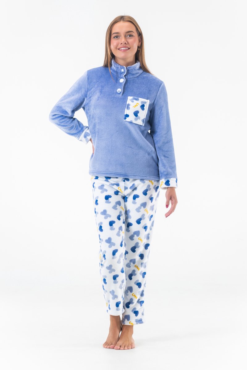 Dames Fleece Huispak en Pyjama - Hoge Kraag met Knopen - Love Hearts - Superzacht Fleece - Blauw - 2505 - Maat L