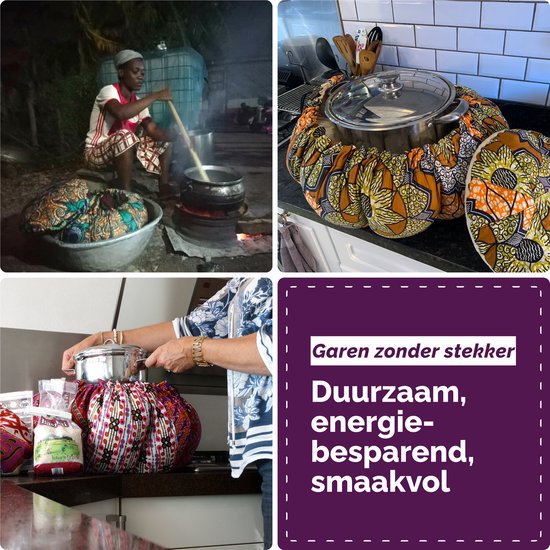 Een vrouw kookt buiten, slow cooking bags op een aanrecht en de tekst 'Duurzaam, energie-besparend, smaakvol'.