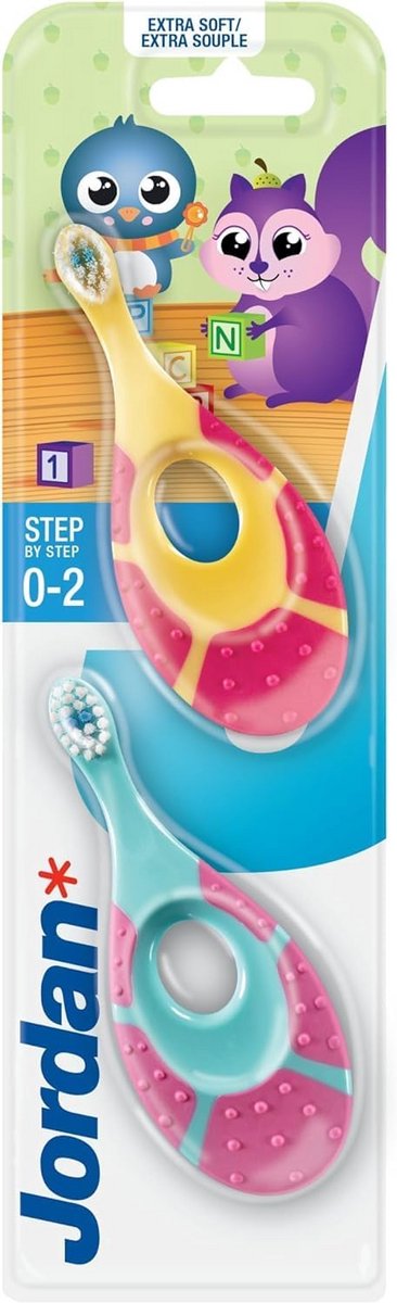Jordan® Step 1 Baby Tandenborstel (0-2 jaar) – De orginele babytandenborstel voor de Allerkleinsten met bijtring - 2 pack - Roze
