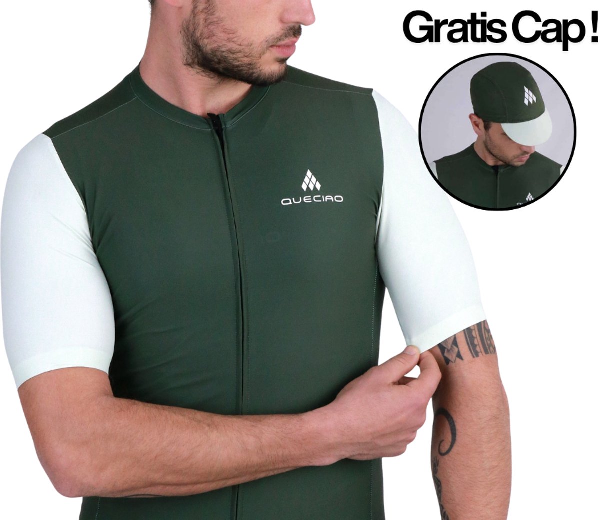 OPHEFFING! Queciao Fietsshirt + Gratis Cap! – Olijfgroen – Korte Mouwen - LET OP: NIET PASSEND VOOR MENSEN MET EXCESSIEF OVERGEWICHT / XS-S ook geschikt als kindermaten
