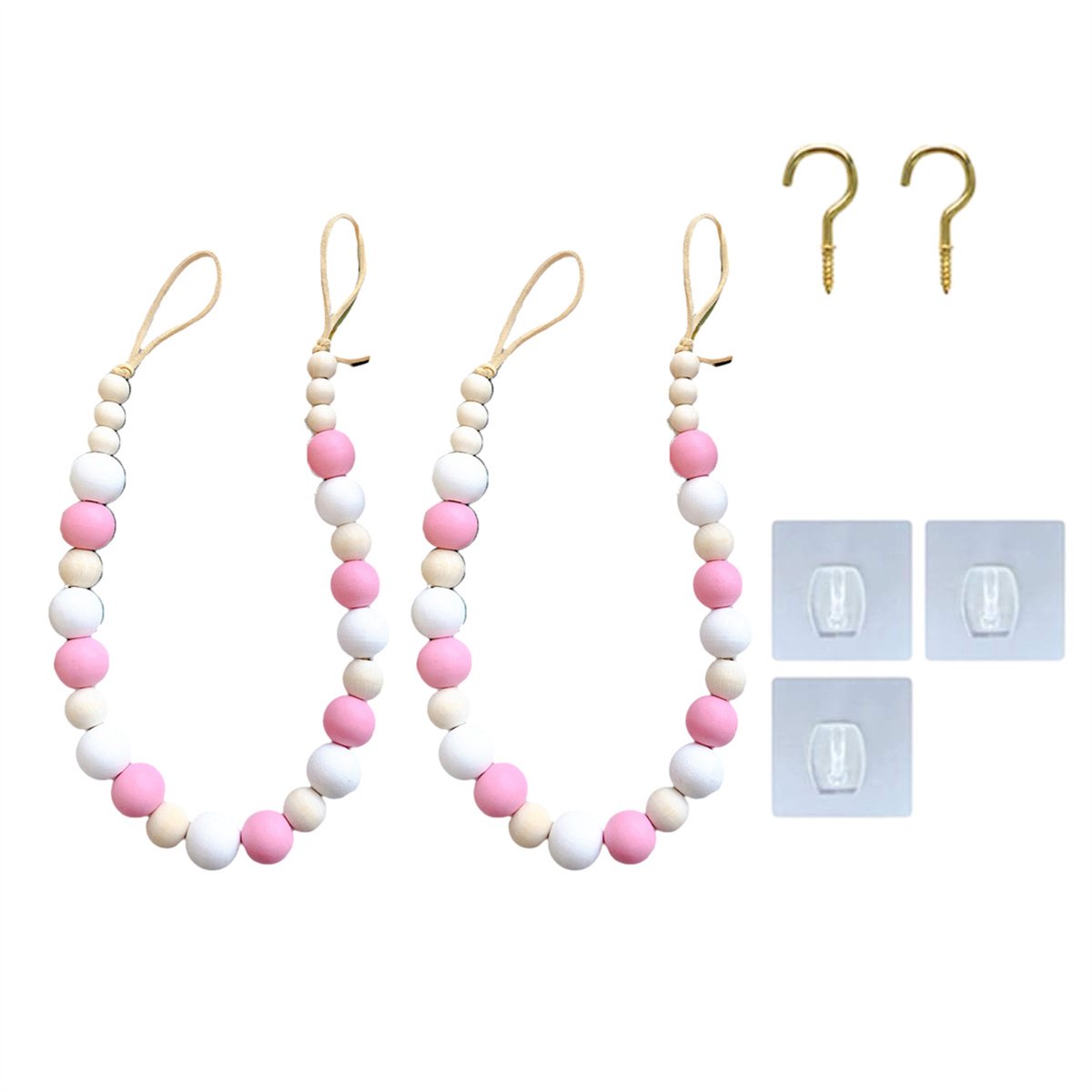 QTTVBTNA - 2 stuks Gordijnbinders - Gordijn Embrasse Haak - Decoratieve Houten Kralen - voor Thuis, Kantoor, Hotel decoratieve - Roze - 52 cm Lang