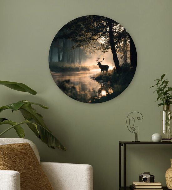 WallCircle® Cercle mural 60x60 cm - Cercle mural Cerf - Ruisseau forestier - Mystique - Décoration murale salon - Décoration murale chambre - Accessoires de décoration - Tableaux ronds