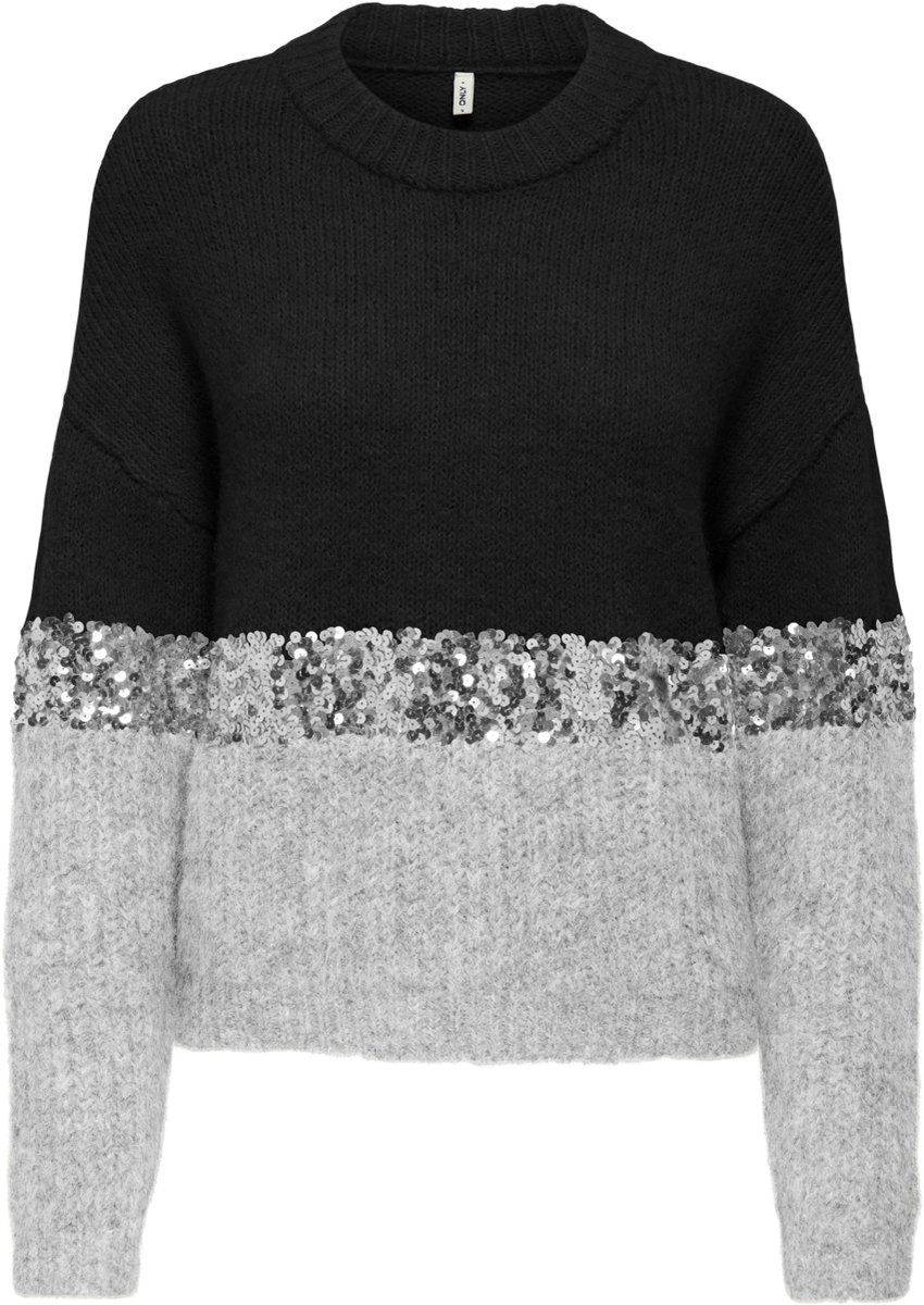 Only Trui Onlmaine Life Ls Sequin Block O-nec 15358399 /sliver Seq Dames Zwart