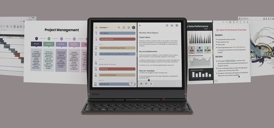 BOOX Note Air e-ink tablet toont een projectmanagementplanning, omringd door verschillende documenten.