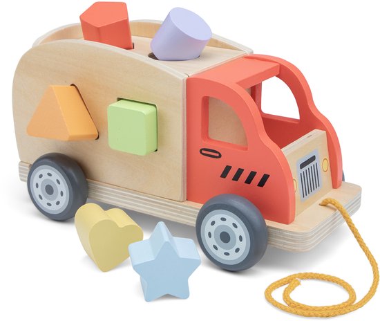 Woet® Houten Vormentruck - Sorteerwagen met Vormblokken - Trekfiguur en Vormenstoof in één - Educatief Speelgoed - Montessori Speelgoedvoertuig - Vanaf 1 Jaar
