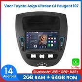 Autoradio - Geschikt Voor Toyota Aygo Citroen C1 PEUGEOT 107 2005 t/m 2014 - 2GB RAM + 64GB ROM - Draadloos CarPlay & Android Auto - Android 14.0 - Bluetooth & WiFi - GPS Navigatie