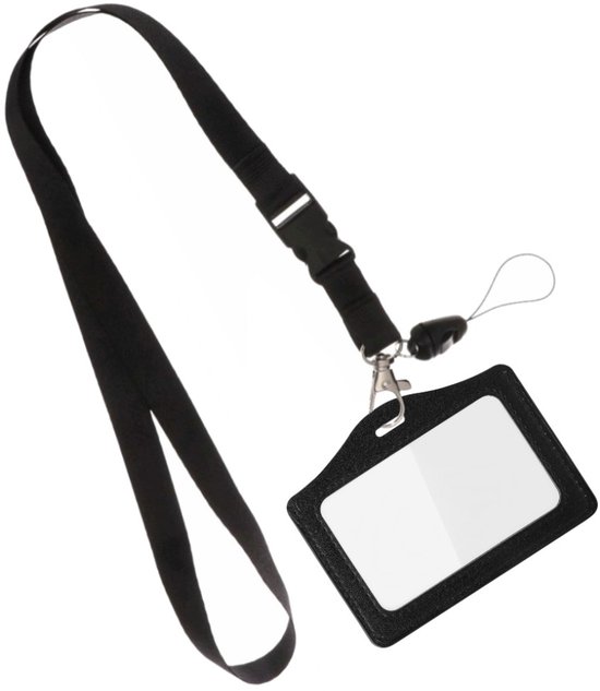 Zwart keycord met zwarte kunstleren badgehouder horizontaal.