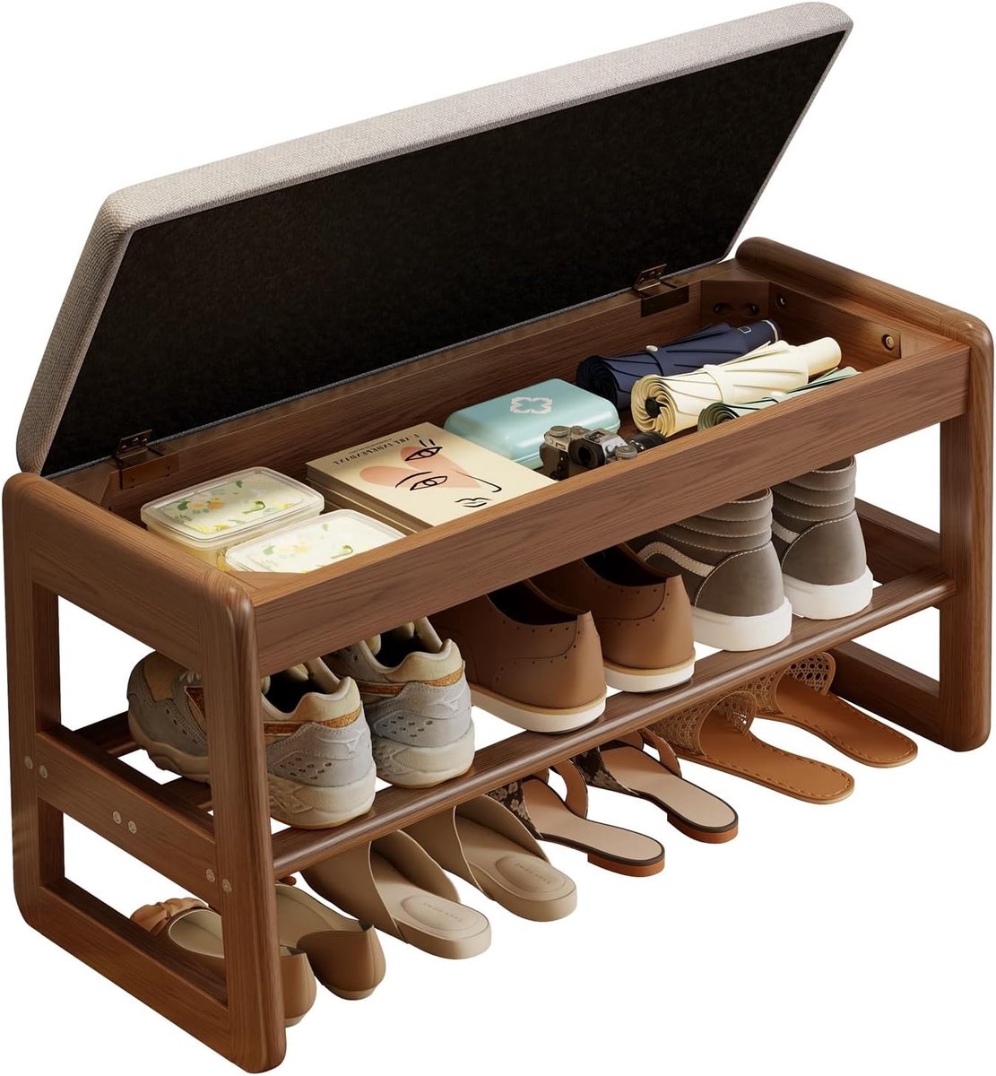 oiakus Houten schoenenrek met zitting, schoenenbank 2 niveaus kleine schoenopbergkast organizer kruk, hal entree 60 cm, 80 cm breed tot 6-8 paar schoenen