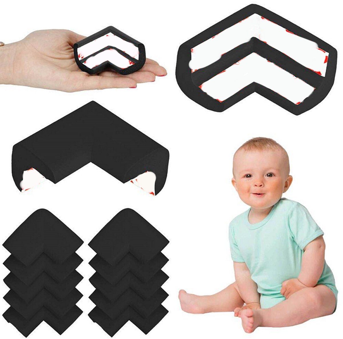 Image of 10x Meubelhoekbeschermers - Hoekbeschermers voor Baby - Zelfklevende Rubberen Hoekbeschermers - Schuimbeschermers - Voorgelijmd - Hoekbeschermers Tafel - Niet-giftig en Veilig - Geschikt voor Randbescherming van Tafelhoeken, Tafels en Meubels - Zwart
