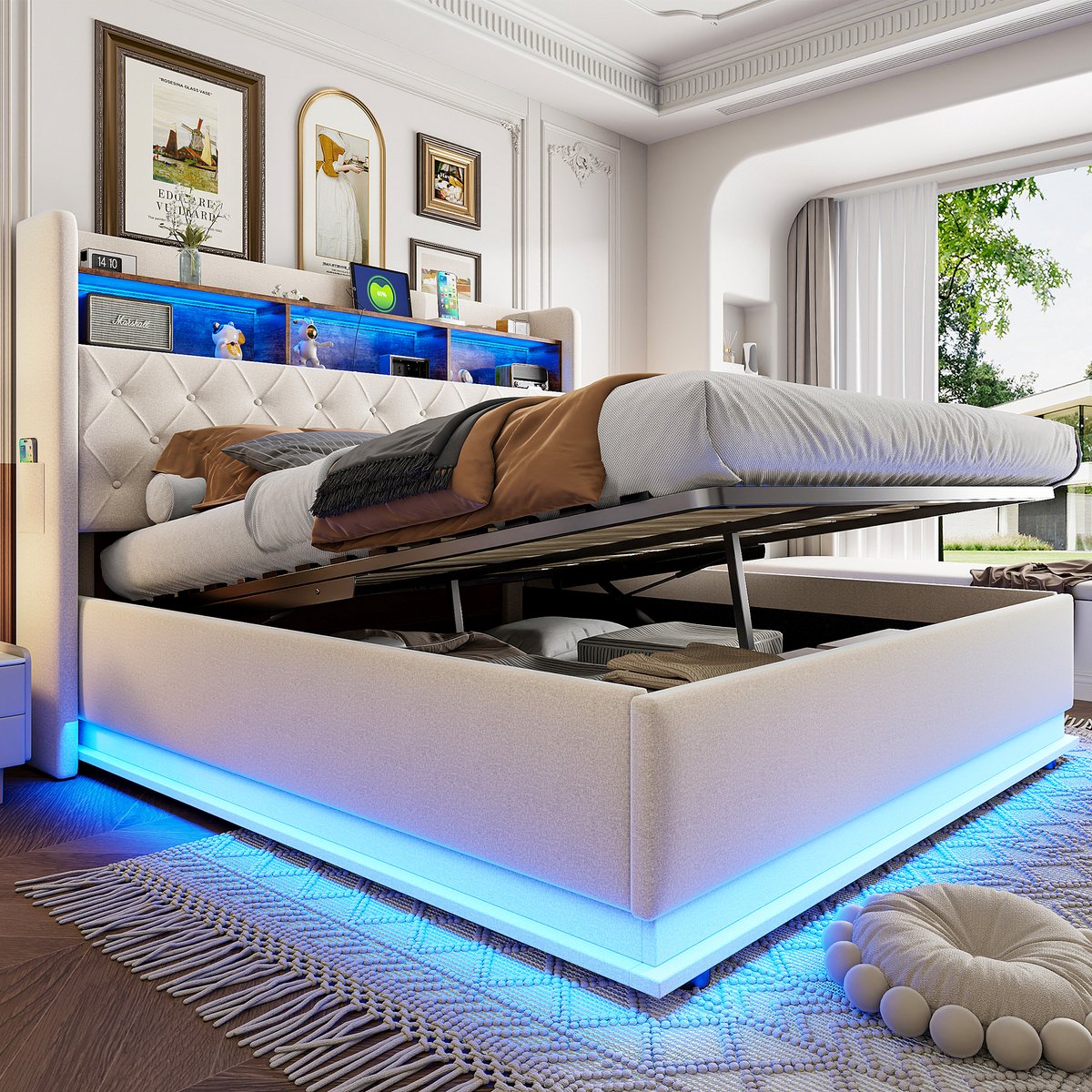 SINGULARITY-Gestoffeerd bed 180 x 200 cm- opbergbed met USB-oplaadaansluiting en hydraulische opbergruimte- huidvriendelijke linnen stof- beige- zonder matras