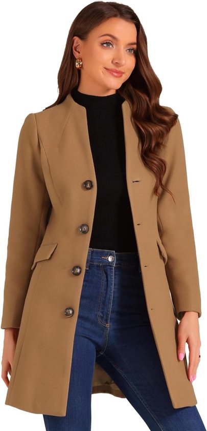 Allecto plus - Elegante dames winterjas met V-hals en knopen lange jas, in Kameel, maat S - Trendy mode, Warme winterjas, Stijlvol design