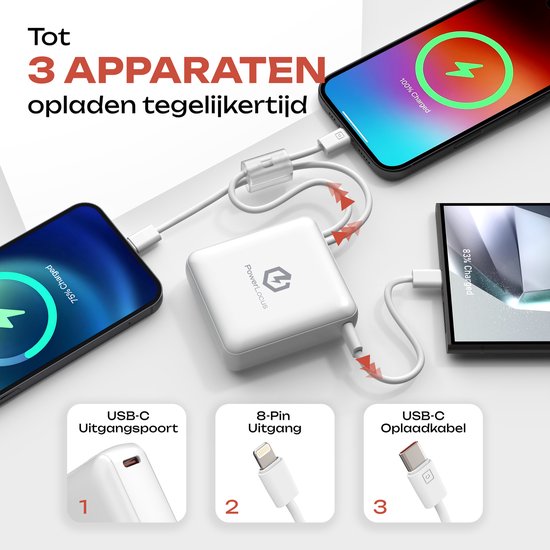 Witte PowerLocus powerbank laadt drie smartphones op via USB-C en 8-Pin kabels.