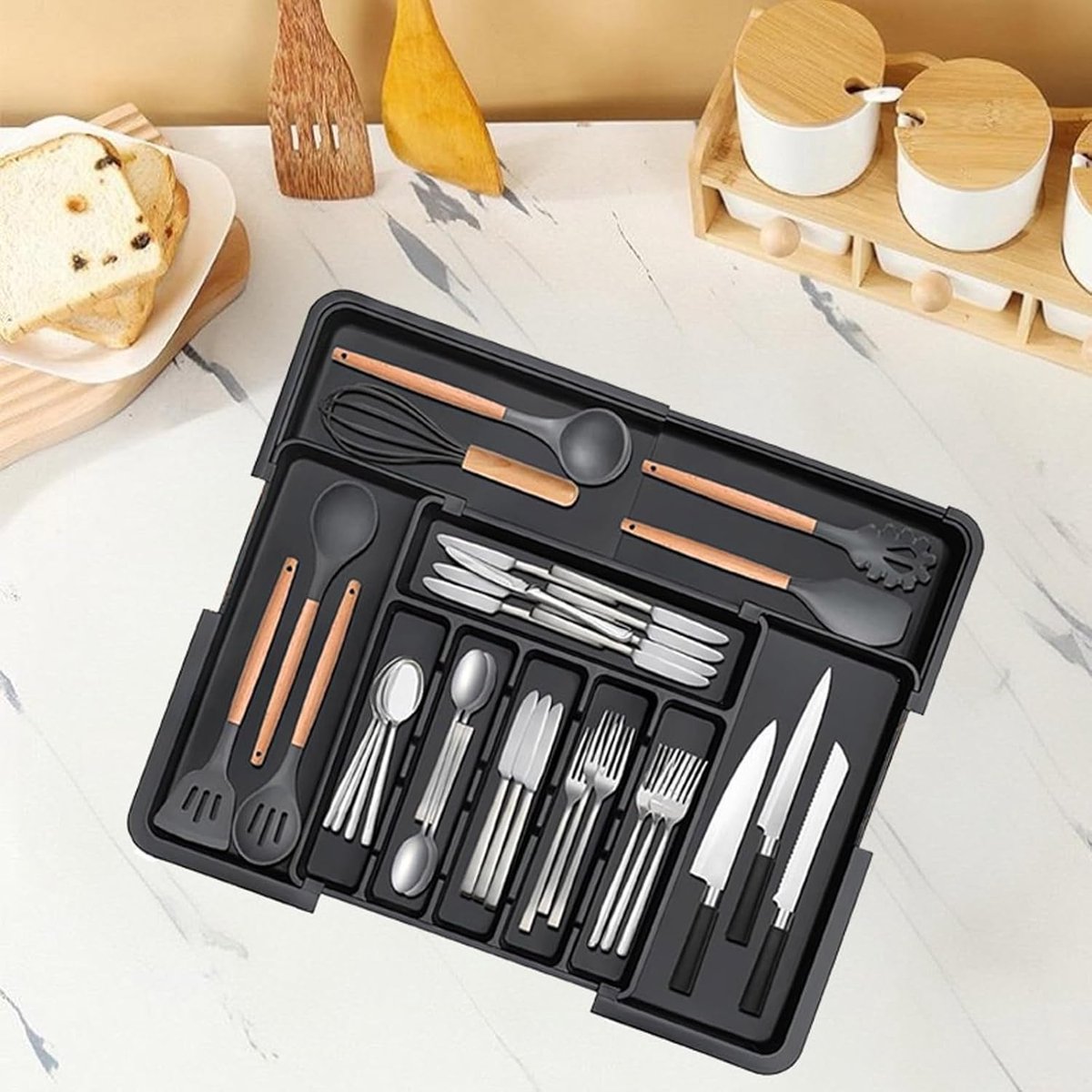 Cutlery Drawer Organizer - Compact Knife Drawer Divider - Xtendable Cutlery Tray - Multi-Purpose Storage voor Forks en Lepels - Zwart - Groot