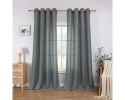 Linen Curtains with Eyelets, Country House Style, Voile Curtain, Semi-Transparent Curtains for Bedroom, Children's Room, Living Room, 260 x W 140 cm (HxW), Set of 2, Grey