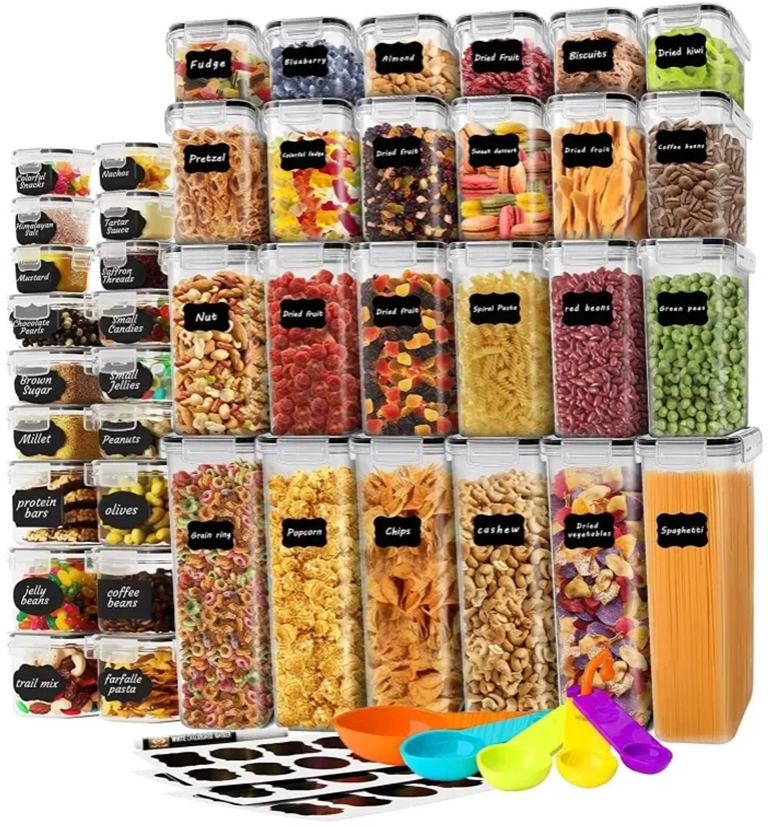 SUMOH® 42-delige Luchtdichte Voorraadpotten Set – 7 Maten (6 stuks per maat) – Transparante Stapelbare Opbergbakken met Label & Marker – BPA-vrij – Luchtdicht & Waterdicht – Keuken Voorraadbussen voor Pasta, Ontbijtgranen, Meel, Rijst, Koffie & Snack