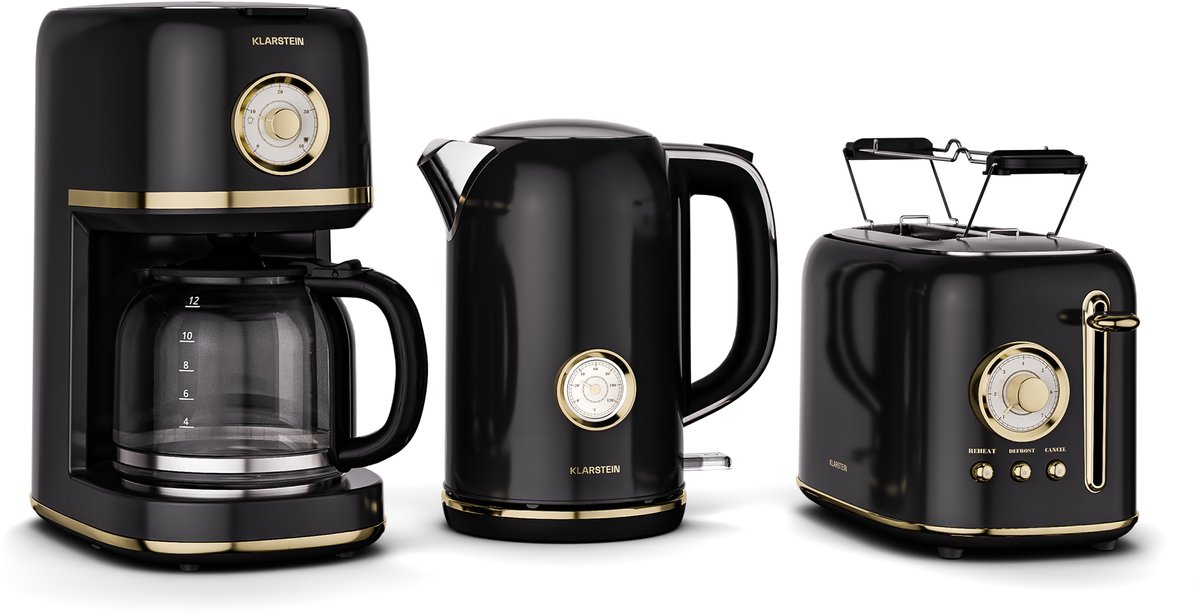 Klarstein Victoria ontbijtset – broodrooster voor 2 sneetjes met 7 bruiningsstanden, waterkoker van 1,7 liter, filterkoffiezetapparaat voor 12 kopjes, roestvrij staal, retro design, broodjesrek, warmhoudfunctie, zwart