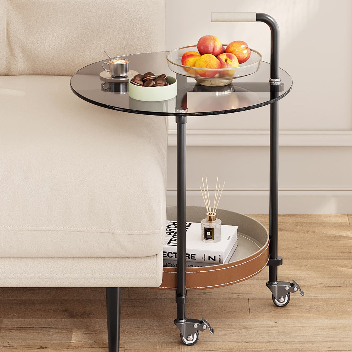 GUYII Meubels Bijzettafels 50*51.2cm,Modern Bank Bijzettafels,Multifunctionele Bijzettafel met Wielen voor Woonkamer,Keuken,slaapkamer,hoeken en kantoor Grijs glasoppervlak