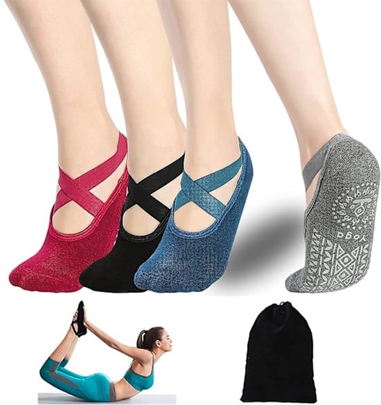 MAXQUU 4 paar Pilates-sokken, grip-sokken, yoga-sokken, antislip dames- sokken, dames grip-sokken, warme sokken voor binnenshuis, Pilates grip- sokken