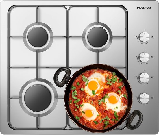 Inventum IKG6011RVS inbouw gaskookplaat 59 cm - 4-pits - Geïntegreerde vonkontsteking - Geschikt voor Nederlands gas - Na ombouw ook geschikt voor Belgisch gas en propaan/butaan - RVS/Zwart