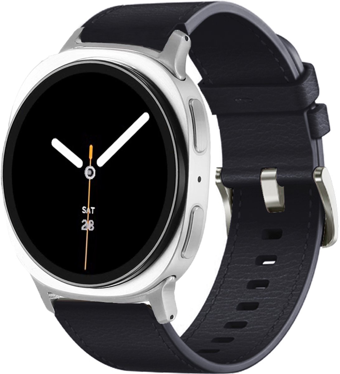 Stravo Premium Leren Bandje met Steentextuur – Geschikt voor Samsung Galaxy Watch 8 40mm / 44mm / Galaxy Watch 8 Classic 46mm – Hoogwaardig Leather Horlogebandje van Echt Leer met RVS Gesp voor Samsung Smartwatches – Leer – Zwart
