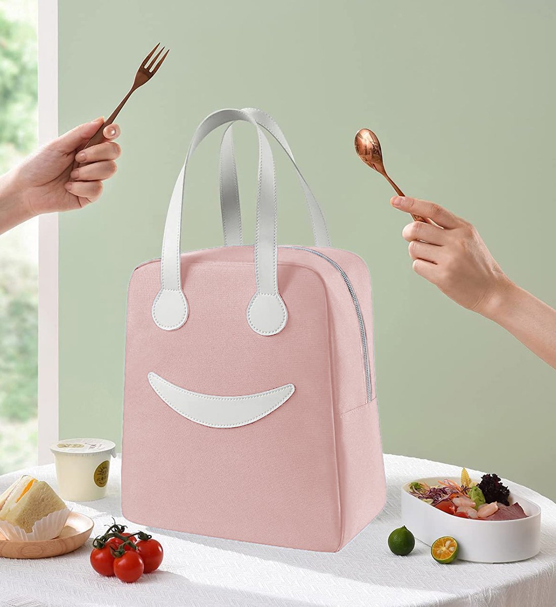 Rainbecom - Koeltassen - Lunchtas - 24x13x28 cm - 8.7 Liter - Roze - Isolatie - 300D Kationisch Polyester - Lunchtas met smileygezicht - Klittenbandsluiting - Handvat Riem - Koeltas - Lunch Bag - Geïsoleerde Koeltas - Picknicktas