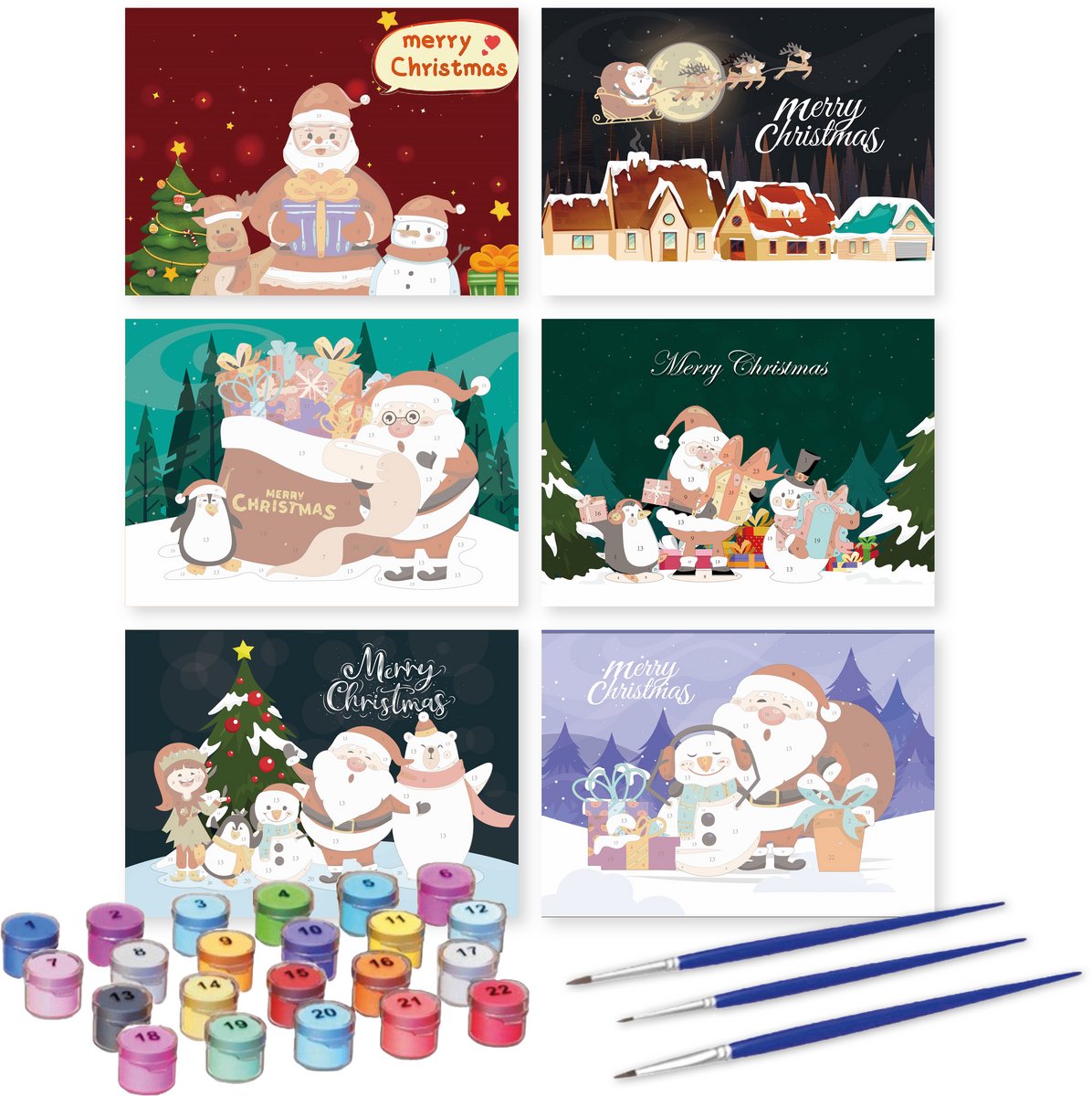 Rubye® Schilderen Op Nummer – Knutselset DIY Kerstkaarten – Inclusief Verf en Penselen – 6 stuks - Kleurenmix