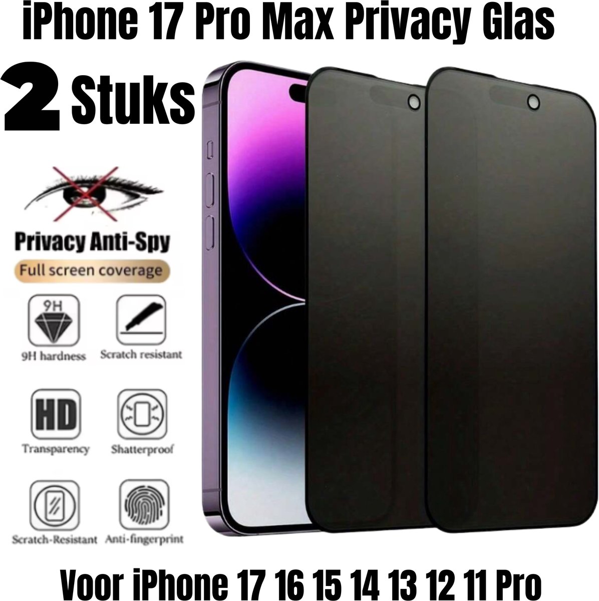 iPhone 17 Pro Max Privacy Glas – Anti-Spy Screenprotector – Gehard Glas Beschermfolie