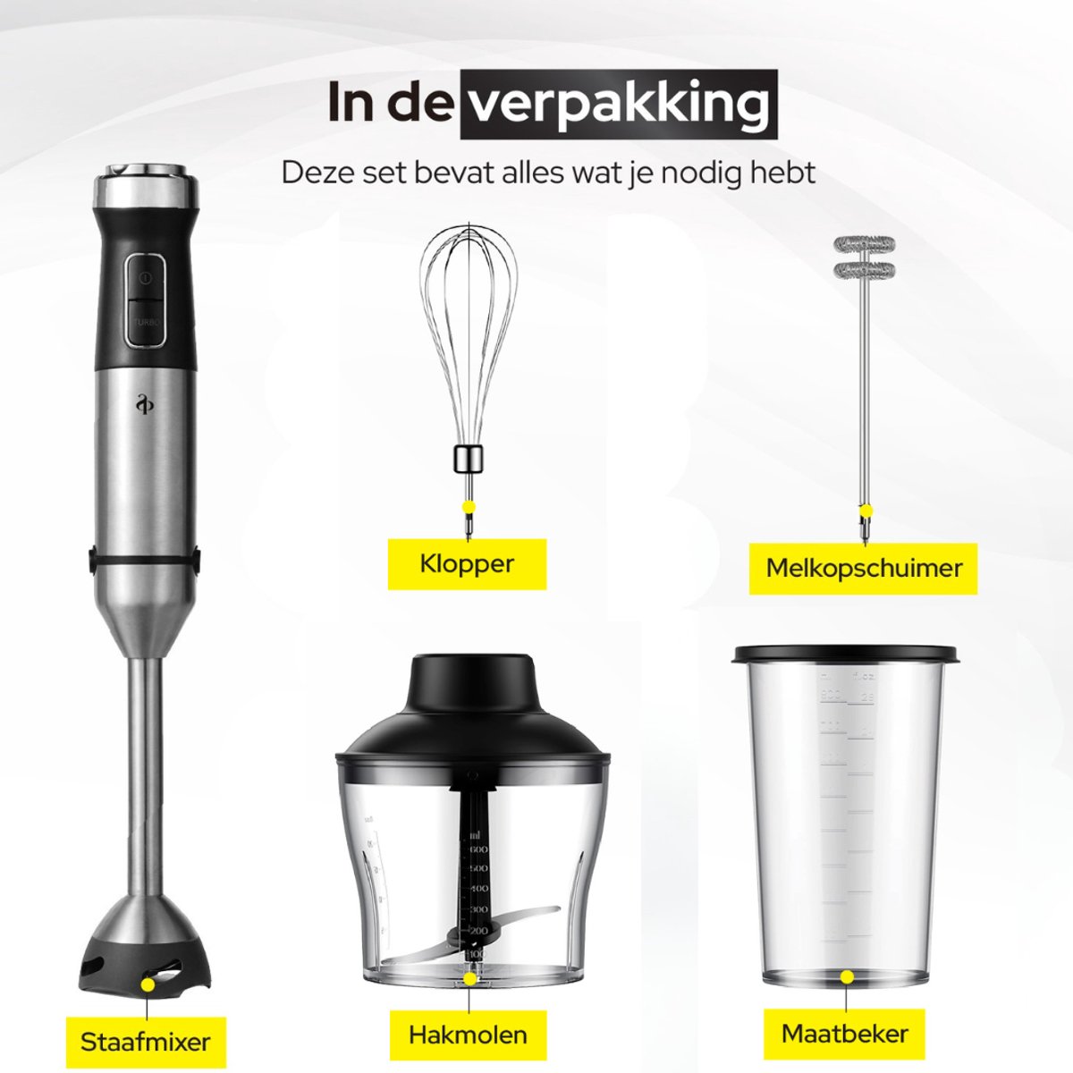 SEPH Staafmixer 5-in-1 Set – 1200W Staafmixer met Mixerstaaf, Hakmolen, Melkopschuimer, Garde & Maatbeker – foto 5