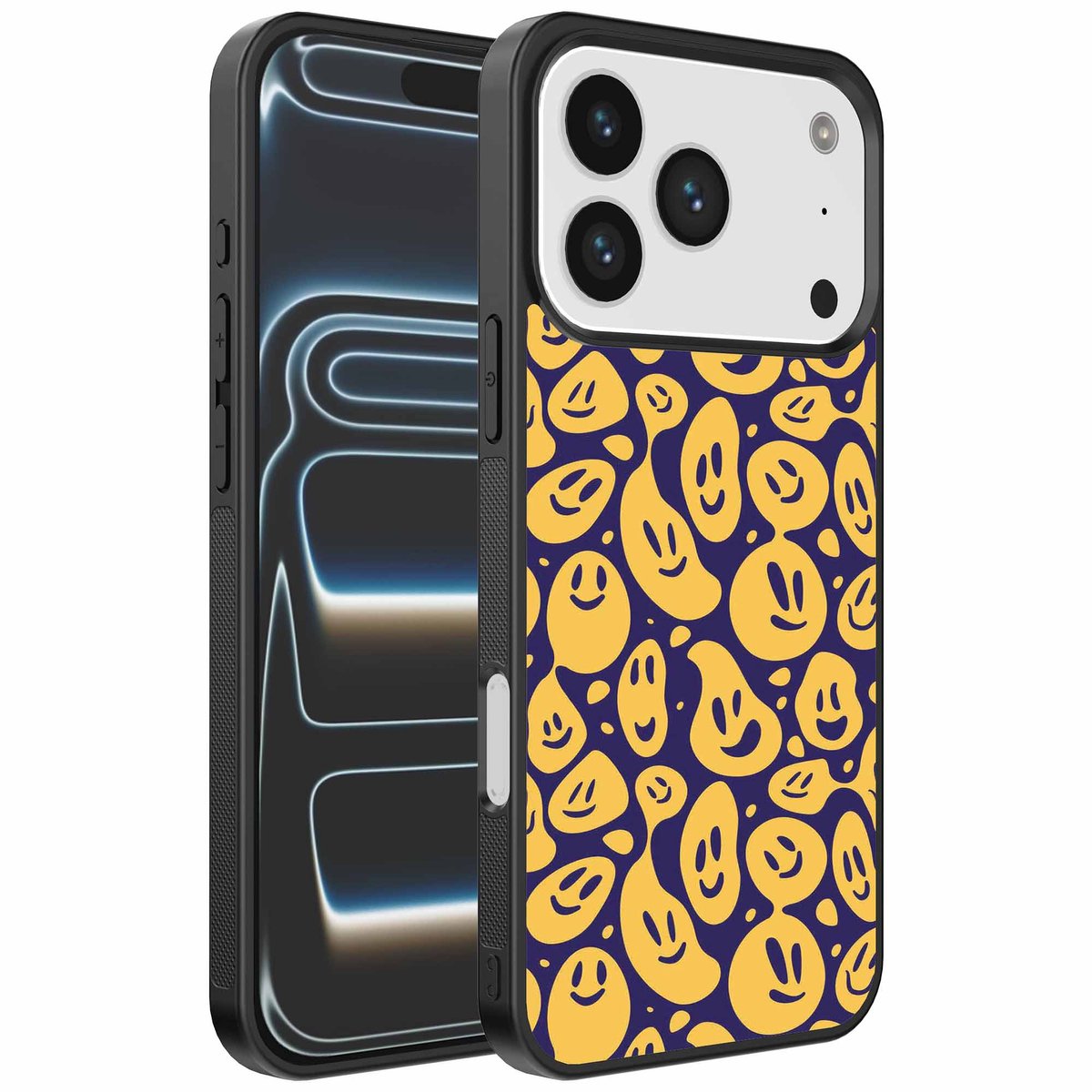Geschikt voor iPhone 17 Pro Telefoonhoesje met smiley opdruk - TPU backcover case emoji design - Paars Geel - Smartphonica geschikt voor iPhone 17 Pro