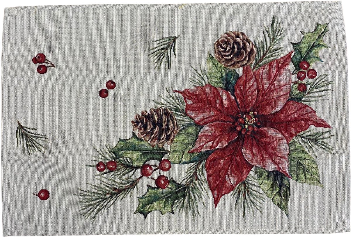 Tafelloper - Placemat - Kerst - Gobelinstof - Mary - Dennenappel - Kerstroos - 35 x 50 cm