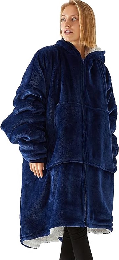 Knuffeltrui voor dames en heren, flanel, deken, hoodie, sweatshirt, oversized, jas met ritssluiting en enorme zak - marineblauw
