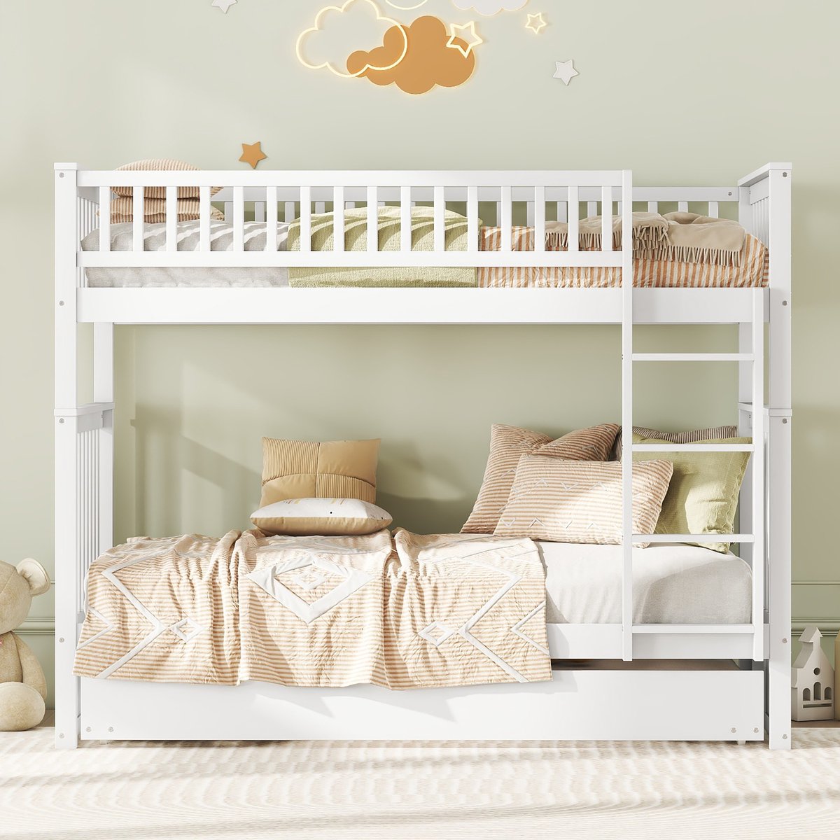 Merax Kinderbed 90x200 cm - stapelbed - driepersoonsbed - met uitschuifbaar bed - hoge bescherming - wit - zonder matras