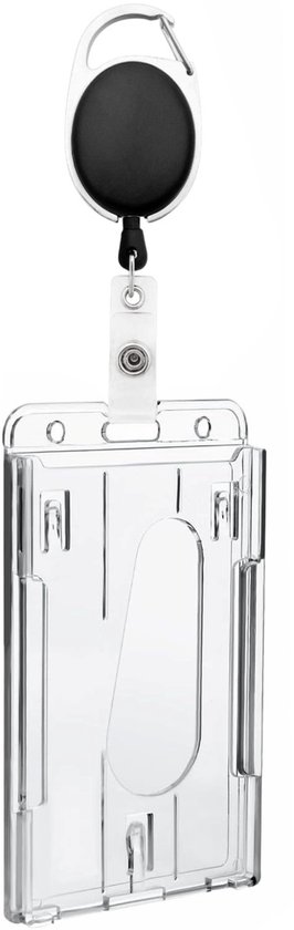 Porte-badge transparent avec porte-clés rétractable sur mousqueton.
