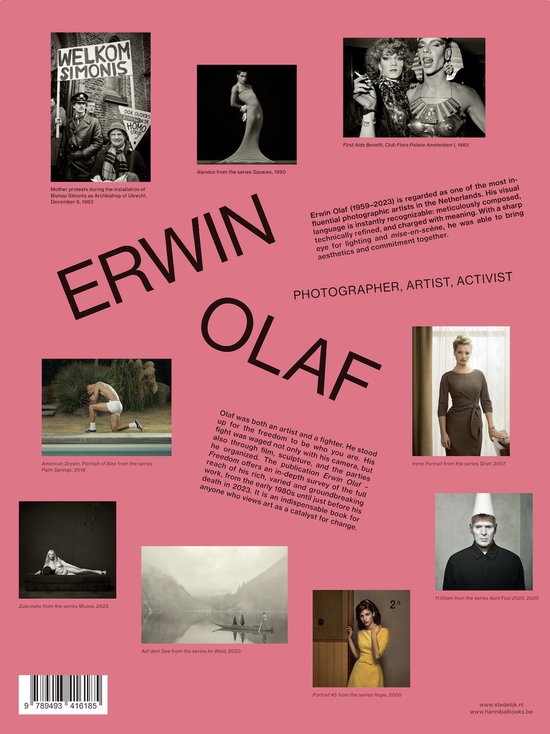 Boekomslag met de titel 'Erwin Olaf'. Bevat foto's van Erwin Olaf, waaronder een man in een tanktop, en verschillende portretten.