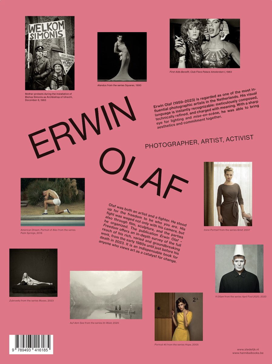 Boekomslag met de titel 'Erwin Olaf'. Bevat foto's van Erwin Olaf, waaronder een man in een tanktop, en verschillende portretten.
