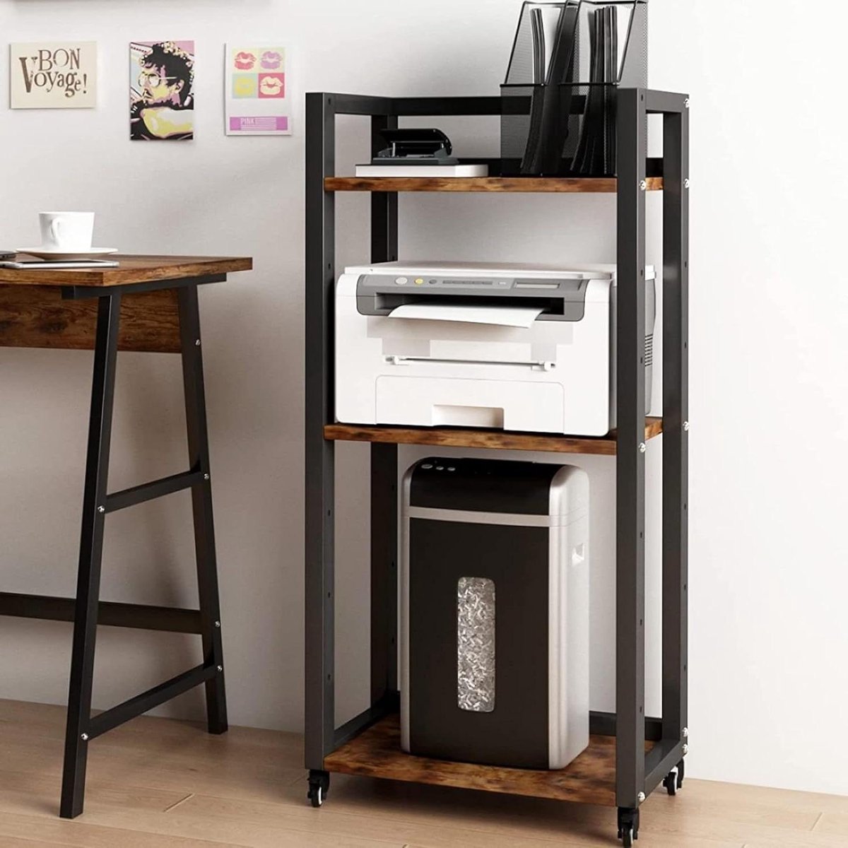 Orivio - Verstelbare printertafel met 3 verdiepingen, op wieltjes, hout en metaal, wit