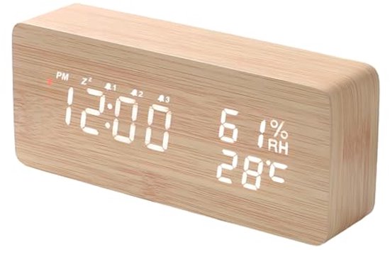Digitale wekker met LED-display voor datum, week, temperatuur en spraakactiveringsfunctie (geel