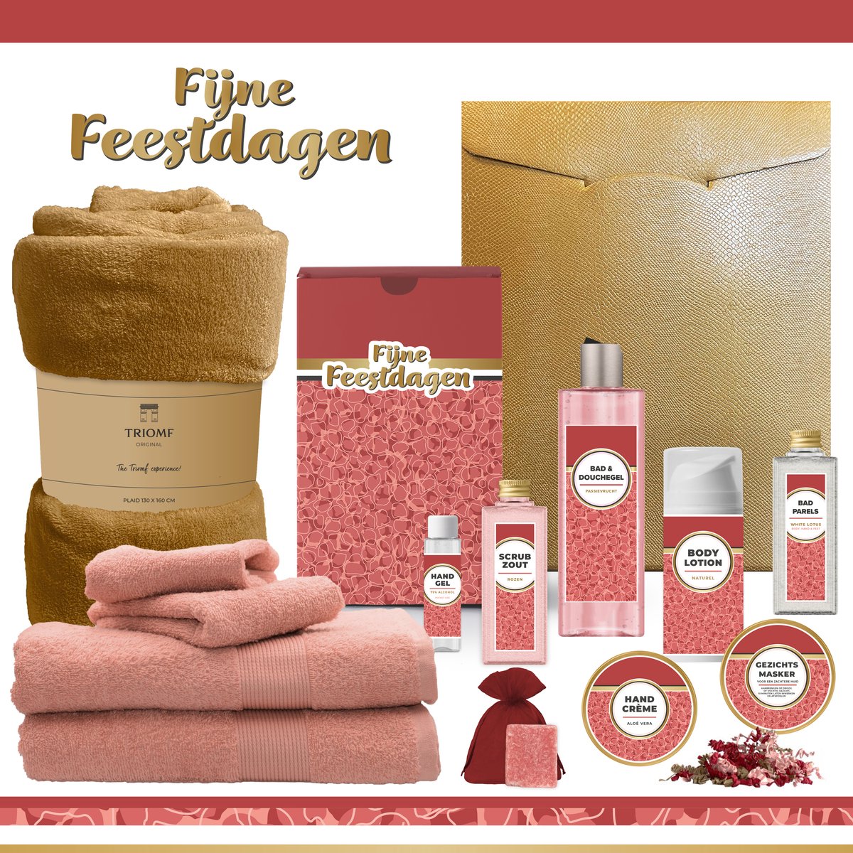 Geschenkset “Fijne Feestdagen” - 13 producten - 1980 gram | Giftset voor haar - Luxe wellness cadeaubox - Cadeau vrouw - Gift Set Kerst - Geschenk Merry Christmas - Kerstpakket - Cadeaupakket - Prettige Kerstdagen - Collega - Vriendin - Moeder - Rood