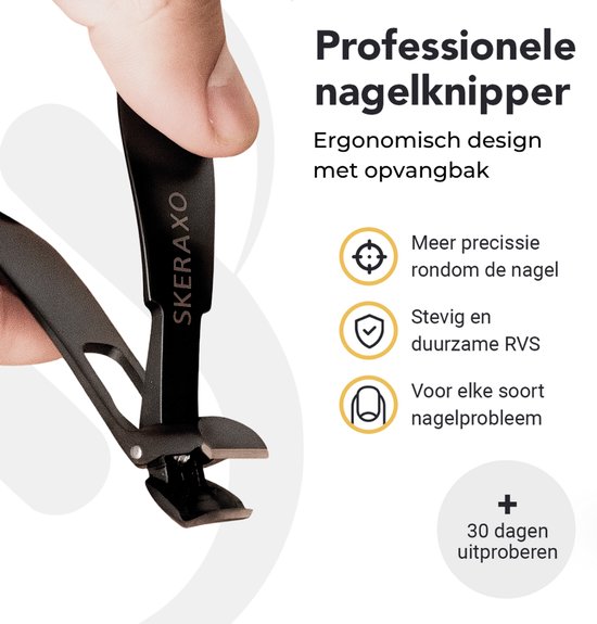 Ergonomische SKRRAXO nagelknipper met opvangbak voor precisie en duurzaamheid.