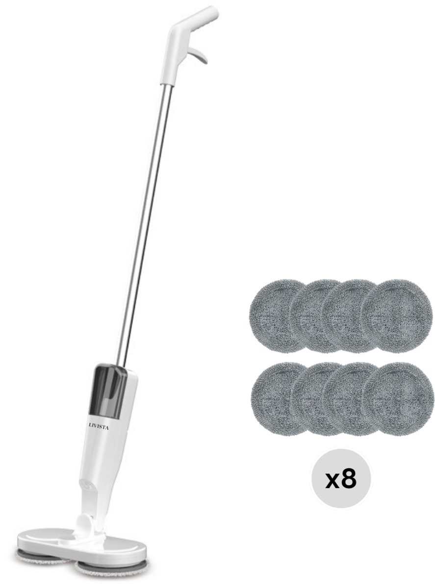 Livista® Elektrische Spray Mop – 300ML Waterreservoir – 45-60 min Werktijd per Oplaadbeurt – Droog & Nat Gebruik – 8 Microvezelpads – Draadloos Schoonmaken – Wit