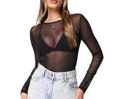 Allecto plus - Dames T-shirt met transparante lange mouwen, zwart mesh bovenstukken, elegante clubwear tuniek.