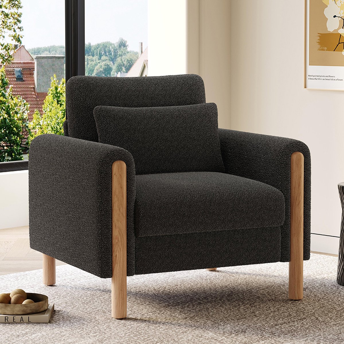 Pugsdrly Moderne fauteuil met dik kussen, comfortabele fauteuil met zachte vulling, relaxfauteuil voor woonkamer, kantoor of slaapkamer, comfortabele fauteuil, grijs.