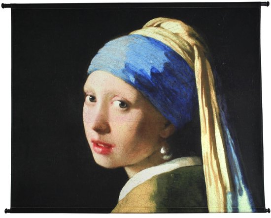 Een wandkleed van "Meisje met de parel" met een meisje met een blauwe hoofddoek en pareloorbel.