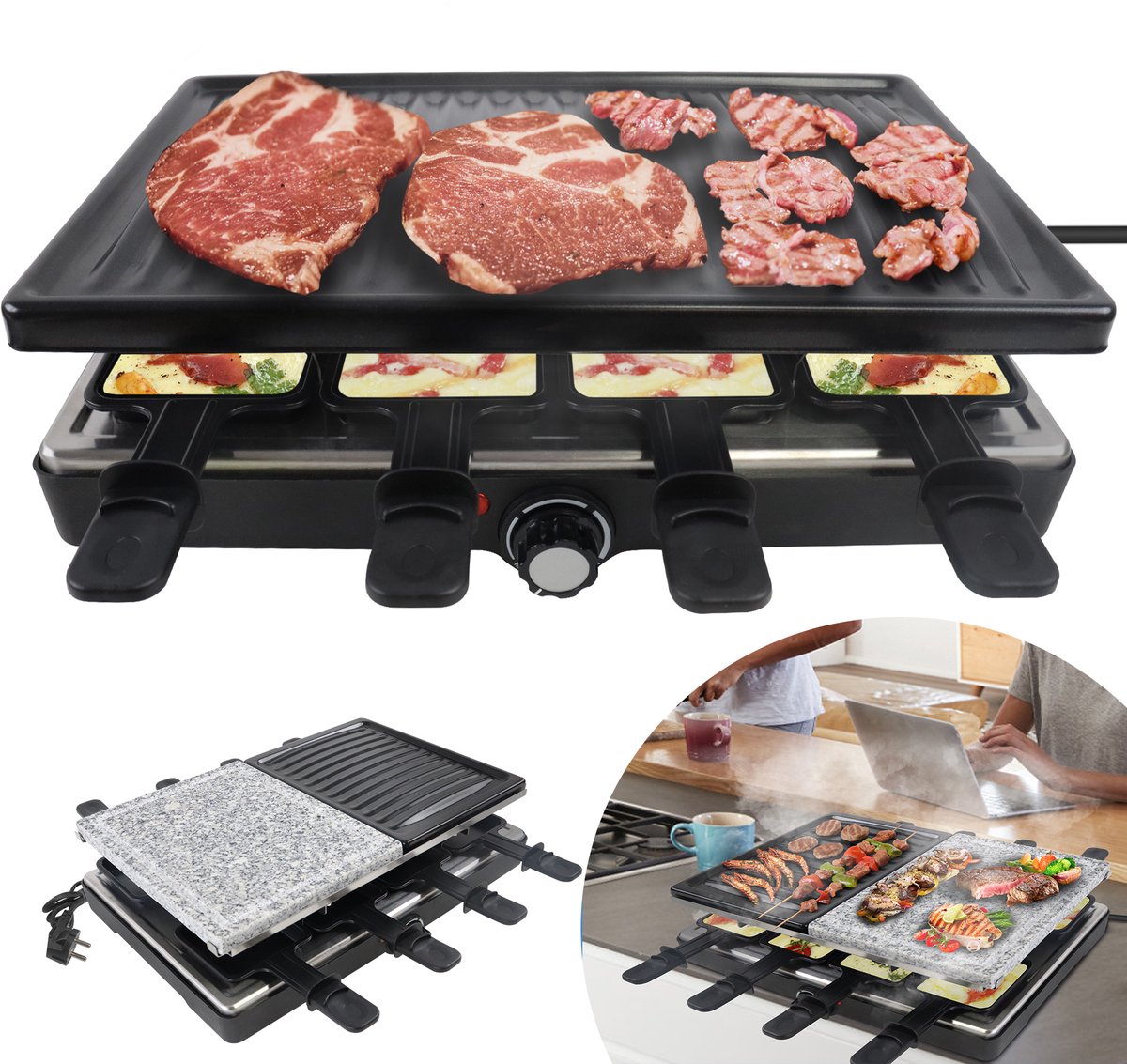 Raclette-Gril Voor 8 Personen Multi-Gril Met Steinplaat En Grillplaat, 1400W Tafelgril - 8 Pannen En Houten Spatel, Stelbaar Temperatuurgeregelde Elektrogril Voor Binnengrillen