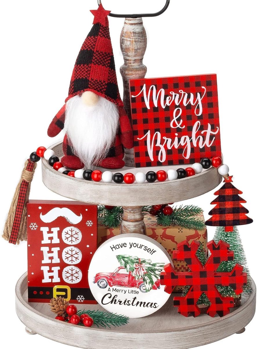 Kerstkabouters houten bord sneeuwvlok houten kralenslinger tafeldecoratie set, 22 cm kerstkabouter pluche pop met 4 houten borden van 12 cm en 57 cm houten parelslinger voor kerstdecoratie