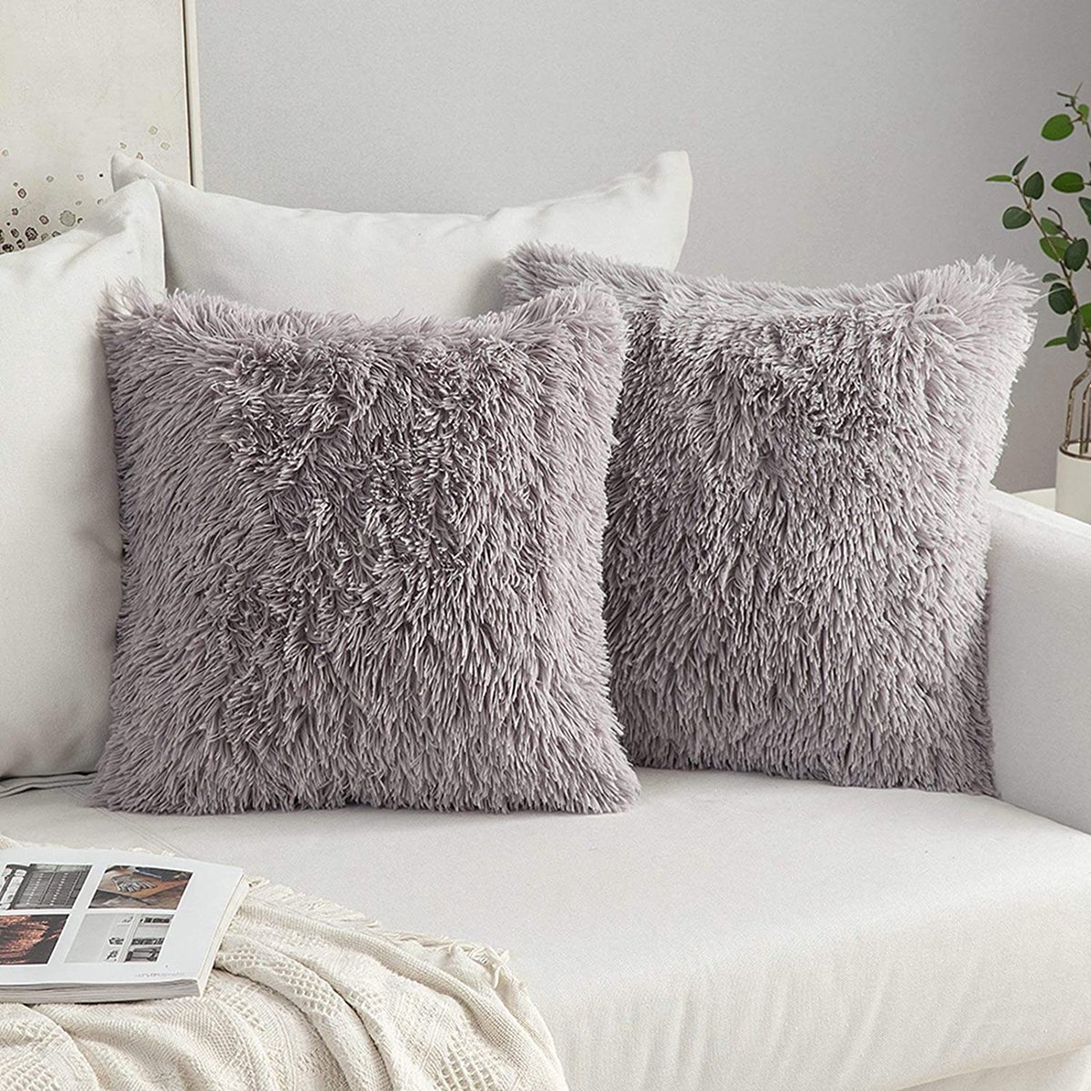 Elkuaie 2 Stuks Pluche Vacht Kussenslopen - Zachte Kunstbont Kussens 43x43 Cm - Decoratief Voor Bank En Bed - 2 Stuks - Woonkamer En Slaapkamer - Zilvergrijs