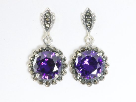 Boucles d'oreilles rondes en argent avec améthyste et marcassite