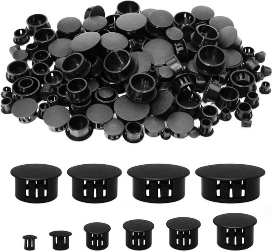 Allecto plus - Afdekkappen voor Boorgaten 150 stuks, Herbruikbaar Zwart Kunststof Gatstoppers, Meubel Afdekdoppen 10 Maten, Schroefafdekking | Ø6/8/10/12/14/16/18/20/22/25mm.