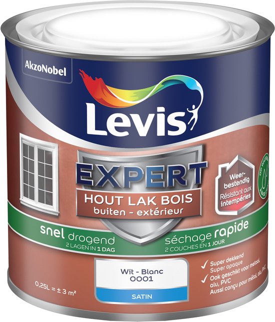 Levis Expert Vernis Bois Extérieur Satin Blanc, 0.25L. Sèchage rapide, résistant aux intempéries et pour métal, alu, PVC.