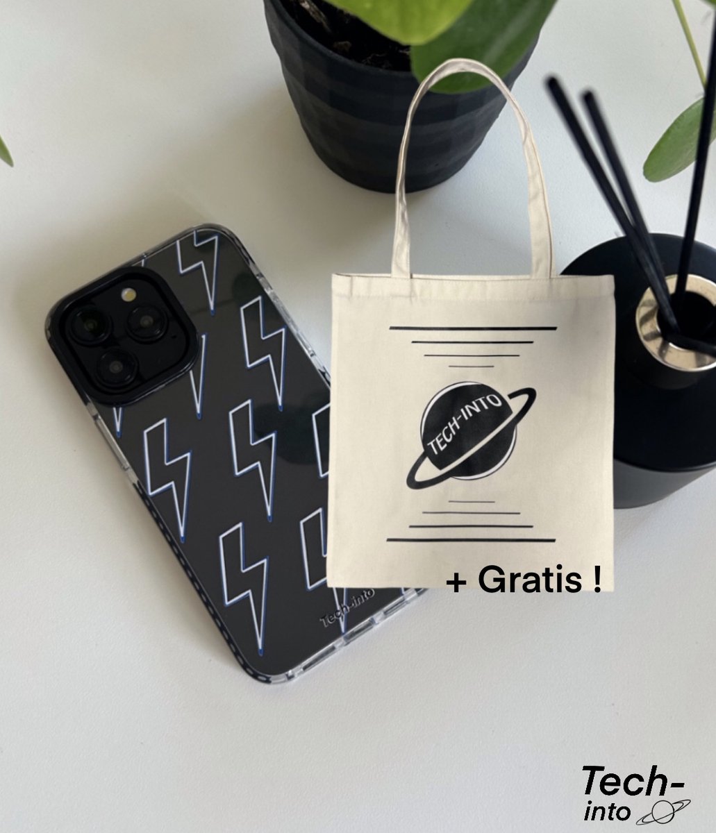 Tech-into iPhone 14 Hoesje - Blue & White Lightning Case - met GRATIS Tote Bag (tijdelijk) - Shockproof - Zwarte Bumper - Doorzichtige Back Cover - Bliksemschicht Patroon Hoesje